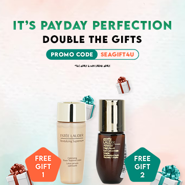 Banner featuring two free gift product items with gift boxes in the background, emphasizing the March payday promotion. Text overlay: "It's Payday Perfection. Double the Gifts. Promo code: SEAGIFT4U". 