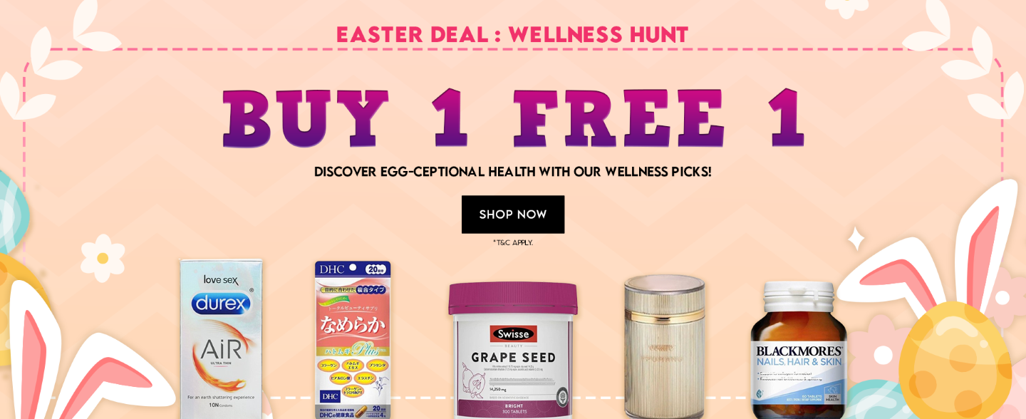 A basket filled with colorful Easter eggs, surrounded by bottles of health supplements. Easter Campaign: Buy 1, Get 1 Free on Selected Health Items!