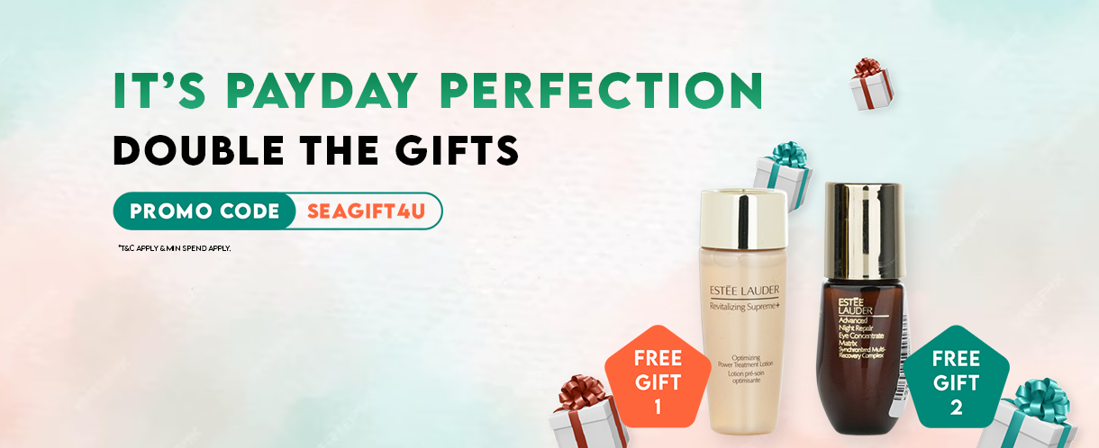 Banner featuring two free gift product items with gift boxes in the background, emphasizing the March payday promotion. Text overlay: "It's Payday Perfection. Double the Gifts. Promo code: SEAGIFT4U". 