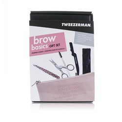 Tweezerman Brow Basics Gift Set (Slant Tweezer, Brow Scissors & Brush, Precision Folding Razor, Headband) 4pcs+1bag