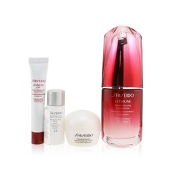 Shiseido Ultimate Hydrating Glow Set: Ultimune Power Infusing Concentrate 30ml + Moisturizing Gel Cream 10ml + Eye Concentrate 5ml + SPF 42 Sunscreen 7ml (Box Slightly Damaged) 4pcs
