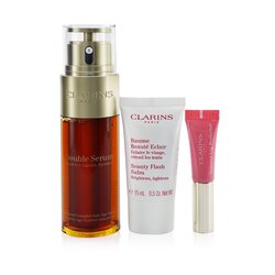 Clarins Double Serum Collection: Double Serum 50ml+ Beauty Flash Balm 15ml+ Natural Lip Perfector #01 5ml+ Bag (Box Slightly Damaged) 3pcs+1bag