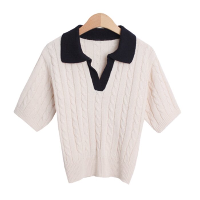 Trendywhere Contrast Collar Twist Short Sleeve Knitwear Free (XS-M)Product Thumbnail