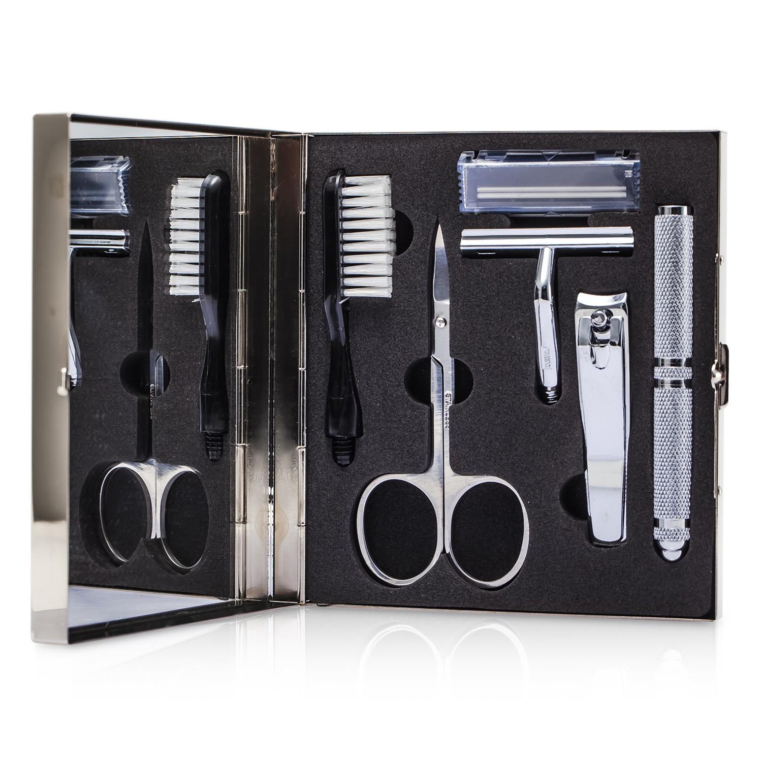 Razor MD ערכת טיפוח 'הגבר המנומס':סכין + מספריים + קוצץ ציפורניים + מברשת + קופסה 4pcs+1box