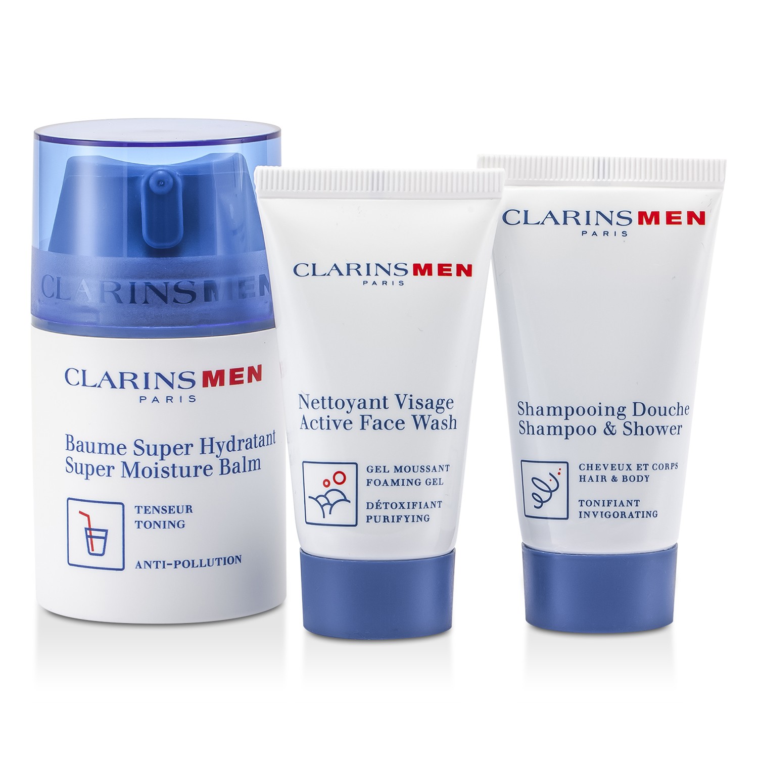 Clarins Clarismen Grooming Essentials: Active Face Wash 30ml/1.06oz + Shampoo & Shower 30ml/1.06oz + Super Moisture Balm 50ml/1.7oz 3pcs+1bag