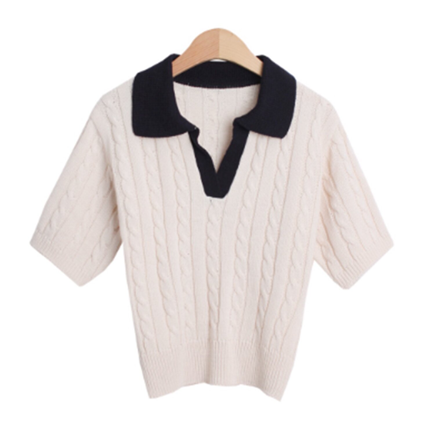Trendywhere Contrast Collar Twist Short Sleeve Knitwear Free (XS-M)